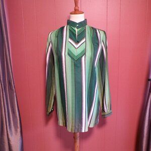WILROY TRAVELLER Women's Retro 1970/1980 Style Satin Green & White Striped Shirt